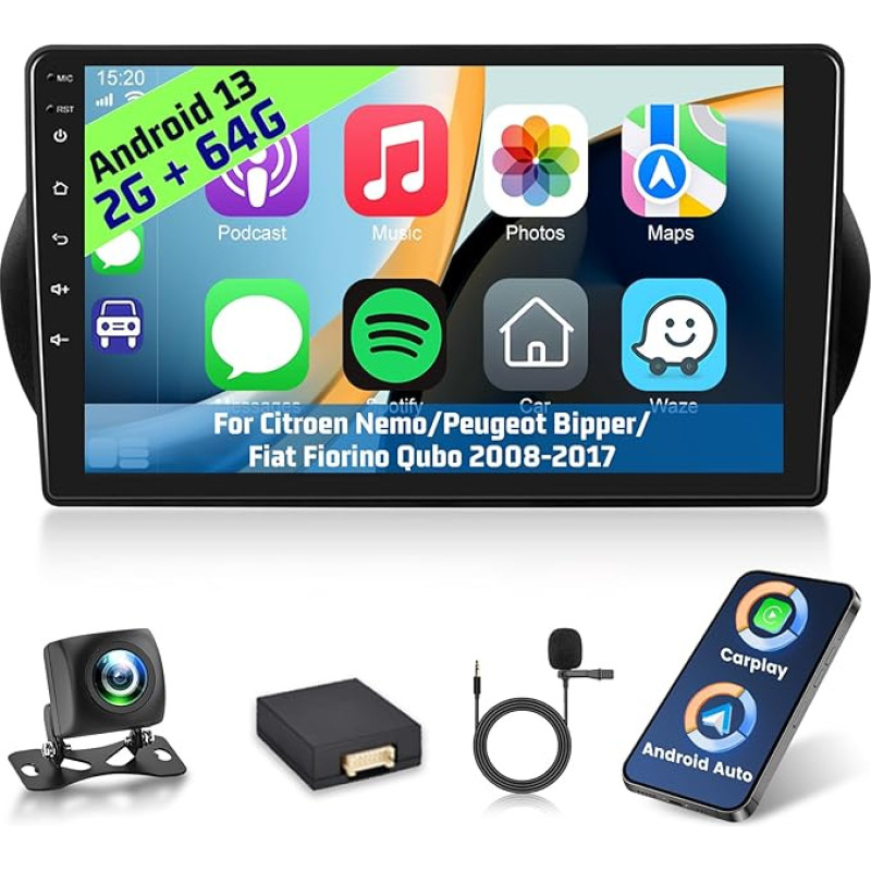 [2+64G] Android 13 Autoradio für Citroen Nemo/Peugeot Bipper/FIAT Fiorino Qubo 2008-2017 mit Wireless Carplay & Android Auto, 10.1 Zoll Touchscreen Radio mit WiFi GPS DSP FM/RDS SWC + Rückfahrkamera
