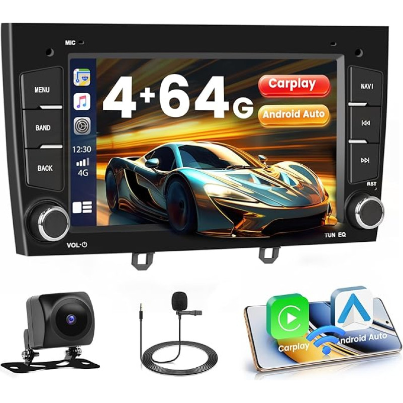 Roinvou 4+64G automobilinis radijas Peugeot 408 2010-2024 Android su belaidžiu Carplay Android automobilinis 7 colių jutiklinio ekrano radijas su Mirror Link GPS Bluetooth WiFi FM/RDS EQ SWC atbulinės eigos kamera