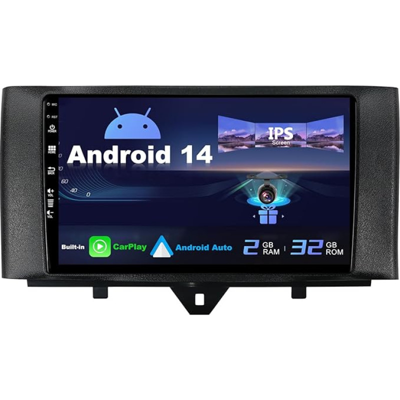SXAUTO Android 12 IPS Car Radio Suitable for Benz Smart Fortwo (2011-2015) - Built-in Carplay / Android Car - Reversing Camera Free - 2G + 32G - Steering Wheel Control WiFi DAB Fast Boot 4G - 2 Din 9 Inches