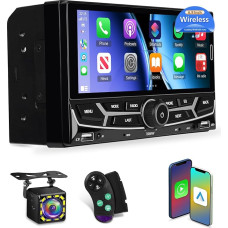 2 DIN Car Radio with Wireless Carplay & Android Car, 6.9 Inch IPS Touchscreen Car Radio with EQ, Mirror Link, Bluetooth, FM/AM/RDS Radio, SWC, USB/AUX Connection + Reversing Camera