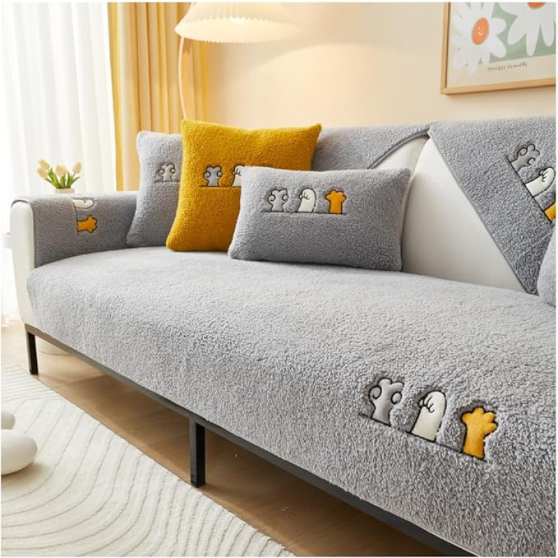 asskanaer Thick Lamb Art Sofa Cover for 1 2 3 4 Seater Universal Non-Slip Sofa Slipcover L Shape Couch Cover Reversible Quilted Corner Protector Covers Washable for Living Room (Grey, 90X