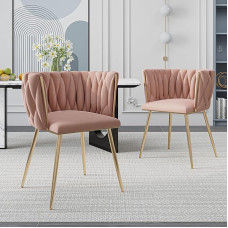 AUKWIK Valgomojo kėdės, 2 vnt., minkštos kėdės, svetainės kėdės, aksomo atlošo ir sėdynės pagalvėlės, metalinės kojos, modernios virtuvės kėdės, valgomasis, šviesiai rožinės spalvos