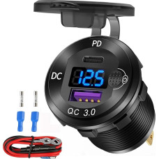 12V USB C Aluminium Car Charging Socket, 12 Volt USB Socket, PD 20 W and Quick Charge 3.0 18 W Car USB Port Waterproof with Voltmeter & Power Switch, Suitable for Marine Truck, Motorcycle, Boat, Golf