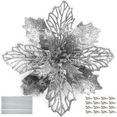 DWTECH 16 Pieces Poinsettia Flowers Artificial Flowers Glitter Poinsettia Christmas Wreath Christmas Tree Decorations for Christmas Decorations (16 cm) (Silver)