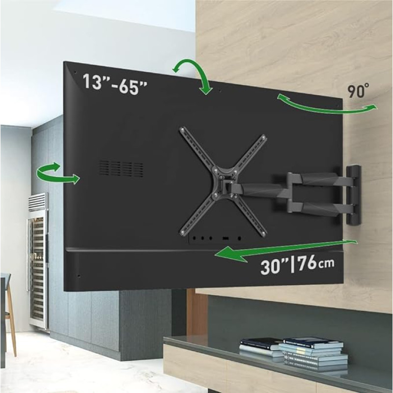 Barkan 76 cm Long TV Wall Mount, 13-65 Inch Swivel/Tilt/Full Motion Flat & Curved TV Mount, Holds up to 36 kg, Extra Long Extension, for LED OLED LCD, Max. VESA 400 x 400