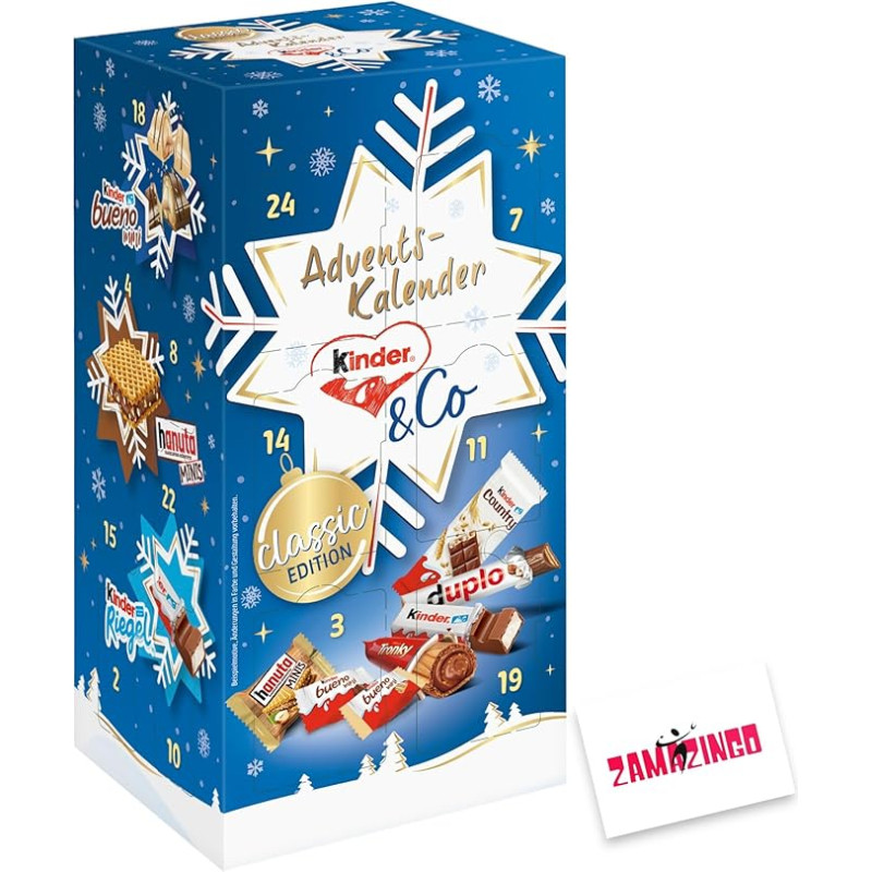 Kinder & Co. Advent Calendar White 268 g | Surprises such as Tronky, Bueno, Hanuta Minis, Kinder Schoko-Bons, Duplo | Calendar Enjoyment Christmas Time + Zama4Zingo Card (Blue)