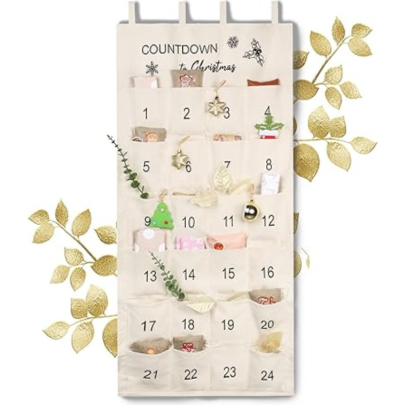 Niuoppy Advent Calendar for Filling Fabric Advent Calendar with 24 Pockets Canvas Decorative Advent Calendar Hanging Empty Christmas Countdown (Off White)