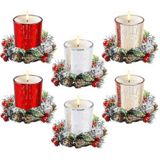 Pack of 6 Christmas Tea Light Holders with Candle Ring, Christmas Tea Light Glasses, Christmas Candle Holder, Christmas Decorations, Table Decoration, with Christmas Wreath, Suitable for Christmas,