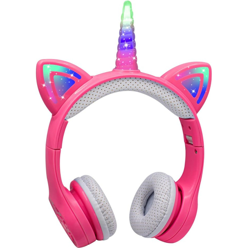 YUSONIC Unicorn Headphones Bluetooth, Volume Limited Wireless Headphones with LED Light Up Cat Ear and Unicorn Horn, Built-in Microphone and Audio Sharing Port for iPhone/iPad/Laptop/TV. (Pink)