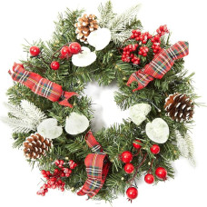 45cm Christmas Wreath with Lights 15 LED Artificial Wreath for Front Door Pine Needle Wreath with Christmas Baubles, Pine Cones, Berries - Forest