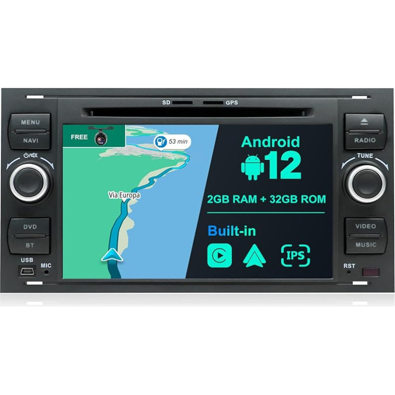 JOYX Android 12 Car Radio Suitable for Ford C-Max/Focus/Fusion/Galaxy/S-Max/Transit/Mondeo - Rear View Camera Free - 2G + 32G - 2 DIN 7 Inch - Support 4G WiFi DAB Bluetooth 5.0 Carplay Mirrorlink