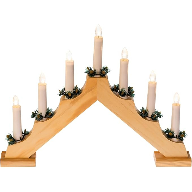 Idena 8582088 LED advent light made of natural wood, with 7 LED candle lights, includes replacement bulb, connection cable with switch, approx. 40 x 30 cm, energy class A++