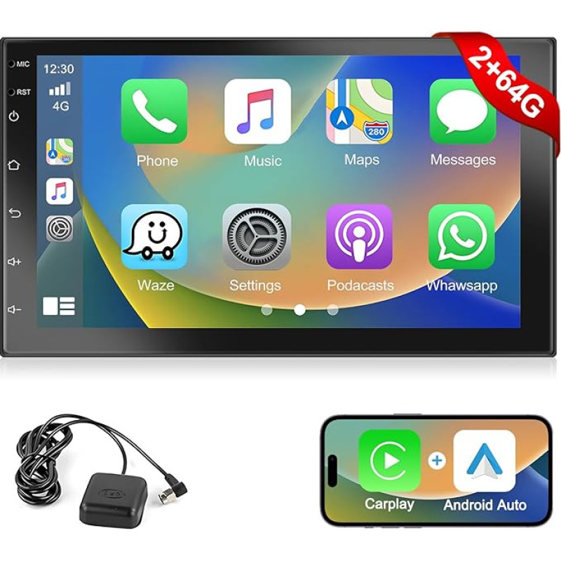 2+64G 2Din Car Radio with Wireless A-pple Carplay/Android Car podofo 7 Inch Android 13 Screen with GPS/Bluetooth/Mirror Link/SWC/FM/RDS/WiFi/USB Support Rear Camera