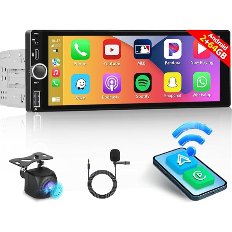 Hikity 2 + 64 GB 1 DIN Android Car Radio with Sat Nav, Wireless CarPlay and Wireless Android Car, 6.86 Inch Car Radio Touch Display with RDS FM Radio GPS WiFi Mic Reversing Camera