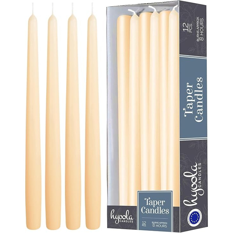 Hyoola Taper Candles - 25 cm Cream, Drip-Free Table Candles - Long Burning Time 8 Hours - Pack of 12