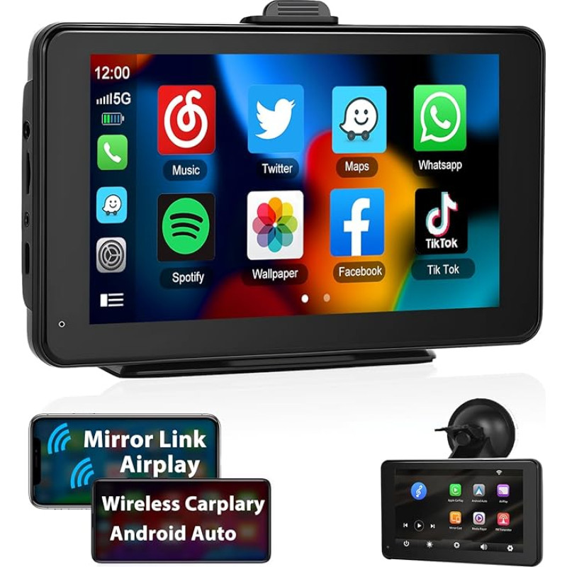 Podofo Wireless Apple Carplay & Android Car Portable Car Radio, 7 Inch Car Radio Stereo with Bluetooth, Vertical Windscreen Mount on Dashboard or Suction Cup Mount