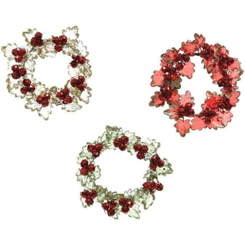 KAE Pack of 3 Mini Holly Christmas Wreaths Red Green Gold 3cm