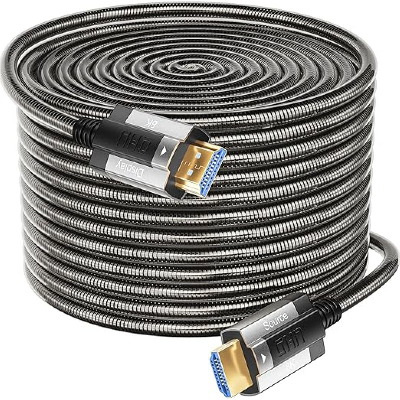 Siwket 8K HDMI Fibre Optic Cable 50 m, Steel Armour Optical HDMI 2.1 Cable 48 Gbps Ultra High Speed 8K @ 60Hz 4K @ 120Hz Dynamic HDR eARC Dolby HDCP 2.2 & 2.3 for HDTV/Projector/Home Cinema/TV