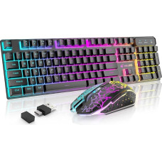 T3 Wireless Keyboard Mouse Combo, Orange Illuminated 2.4G Rechargeable Mechanical Feel Gaming Keyboard + 2400DPI 6 Buttons Optical LED Gaming Mouse + Free Gaming Mouse Pads (Black/Orange)