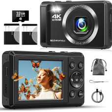 Skaitmeninis fotoaparatas, 4K 64 MP kompaktiškas fotoaparatas su 32 GB kortele 16X skaitmeninis priartinimas 2,4 colių didelis ekranas Skaitmeninis fotoaparatas vaikams pradedantiesiems paaugliams (juodas)