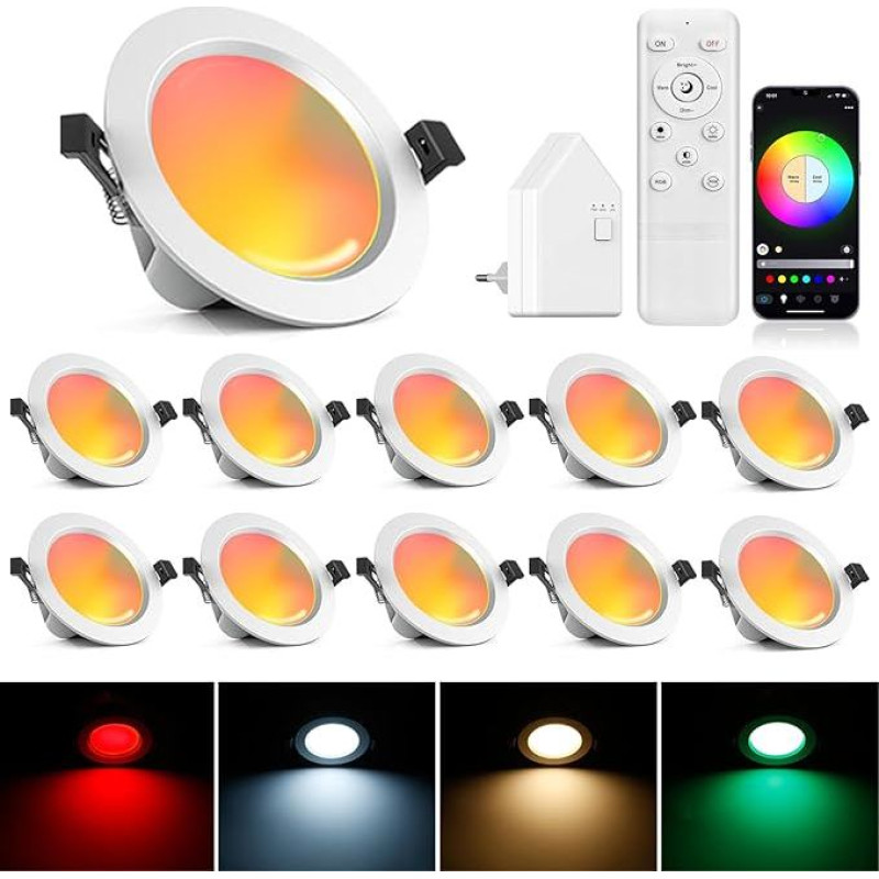 10 x 9 W RGBWC + CCT LED Spotlights, 230 V, WiFi Bluetooth LED Recessed Spotlights, Dimmable LED Recessed Spotlights, Flat LED Downlight, RGB + 2700 K - 6500 K, App Control, Compatible with Alexa