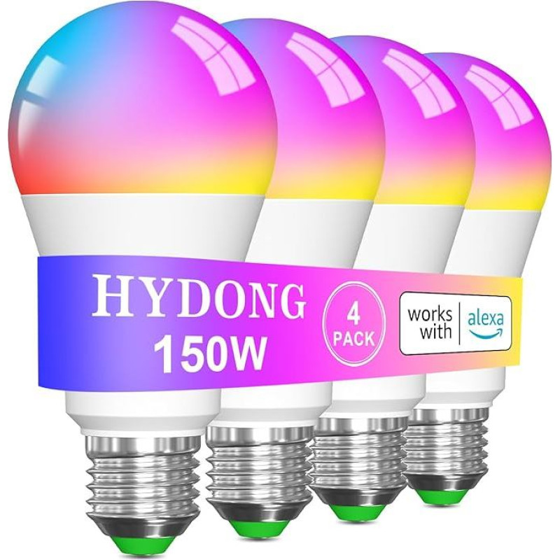 Smart Light Bulb E27 LED Lamp 15 W Colour Changing Bulb Compatible with Alexa, Alexa Bulb with Music Sync, 25 Scenes, 16 Million DIY Colours, 1550 LM, Bluetooth Smart Bulb, Pack of 4