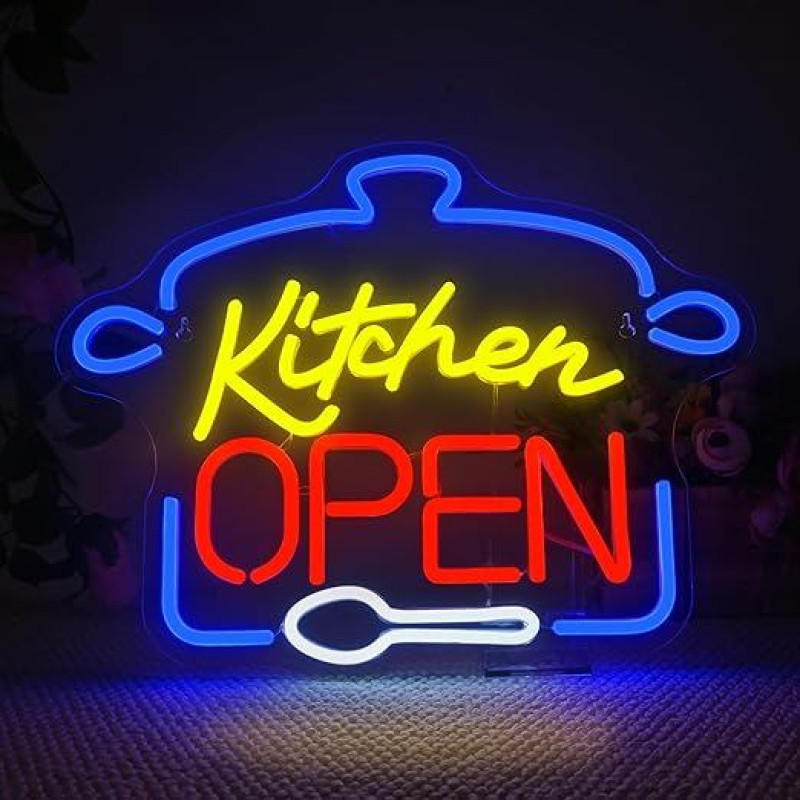 Kitchen Open Neon Sign, LED Sign Dimmable Light, USB Neon Sign on the Wall Neon Sign, LED Sign for Restaurant, Kitchen, Shop, Fast Food Shop Party