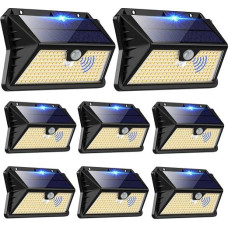 Saulės šviesos lauko sienoms, 8 vnt., 185 LED 3 režimų saulės lauko šviesos su judesio jutikliu, IP65 vandeniui atsparus LED saulės šviesos sieninis apšvietimas, sodo, kiemo, tvoros apšvietimas, lauko durys (šiltai balta)