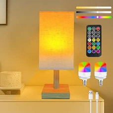 1 x Bedside Lamp and 2 x E14 Removable LED Bulbs, 12 Colours USB 7 W Light Bulb with Remote Control, Fabric Table Lamp for Bedroom, Living Room, Baby Room, Indoor, Outdoor