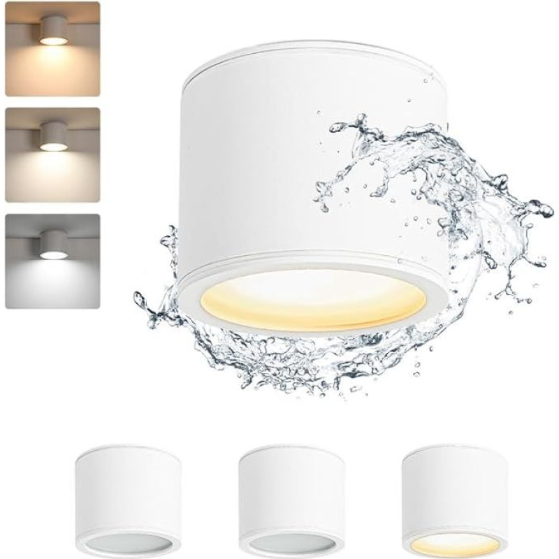 Gleonlux LED Surface-Mounted Ceiling Spotlight IP44, Surface-Mounted Spotlight, Matt White, Surface-Mounted Spotlights, 230 V, 9 W, GX53, 3000 K/4000 K, Round Ceiling Light, Aluminium Diameter 84 x 68