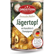 DREISTERN Jägertopf 400 g, su bulvėmis ir grybais, sotus patiekalas perdirbamoje konservų skardinėje, ilgai galiojantis dėl natūralaus konservavimo, naminė kokybė
