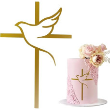 1 x torto puošmena Kryžius Torto viršūnė Dove Gold Akrilo torto puošmena, Iridescent veidrodžio efektas vestuvėms, gimtadieniui, Kalėdoms, vakarėliui ir kt., Kryžius ir lapai (A)