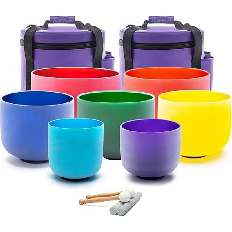KVKA 432Hz Singing Bowl, 6-12 Inch Crystal Singing Bowls, Coloured Chakra Quartz Bowls for Sound Healing and Yoga Meditation with Carry Case Bag