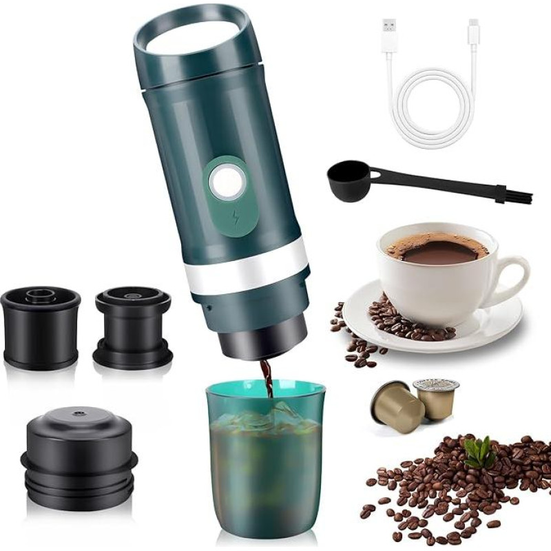 Portable Capsule Coffee Machine with 9600 mAh Battery, 3-in-1 Capsule and Powder Compatibility, 20 Bar Extraction Pressure, Quick Heating, Wireless, Ideal for Travel, Car and On the Go