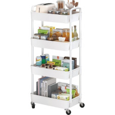 Sywhitta 4 Tier Plastic Rolling Cart with Handle, Multifunctional Storage Cart for Office, Living Room, Kitchen, Movable Storage Organizer with Wheels, White