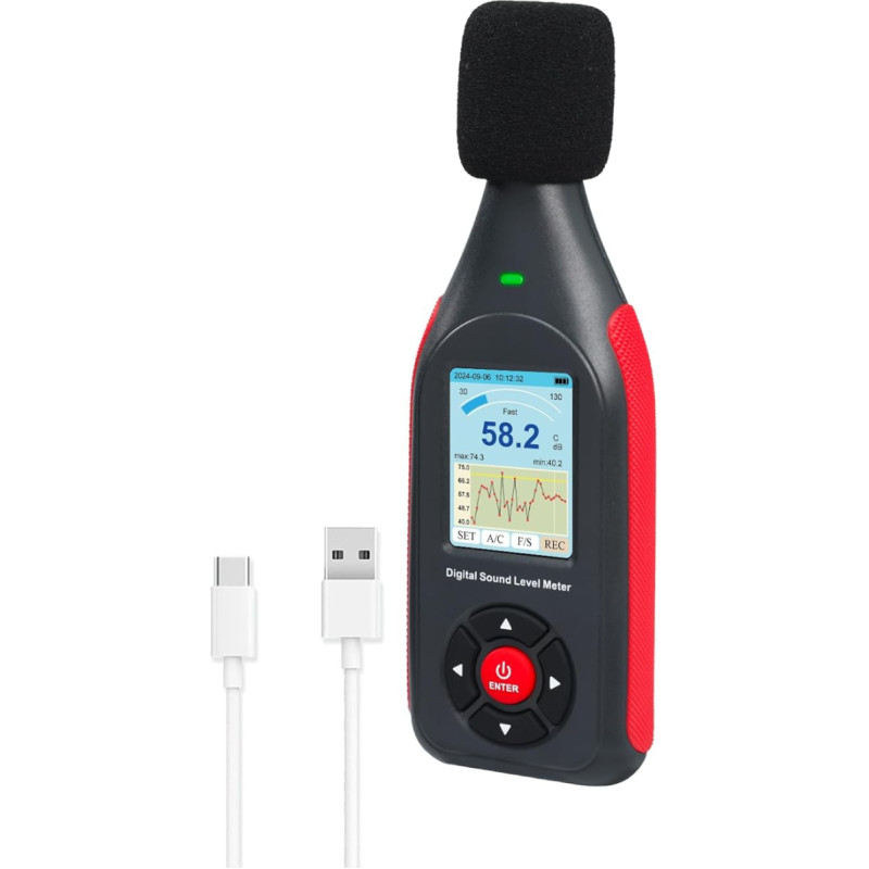 Sound Level Meter Decibel Meter Data Logger with A/C Frequency Rating, Fast/Slow Response, 43,000 Records, Real-time Sampling, USB/PC Connector, Tri-Colour LED Noise Warning Indicator