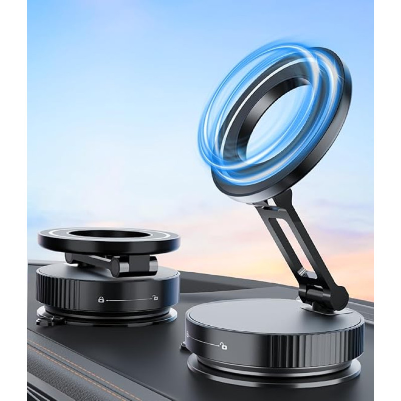 CloudValley Magnetic Metal Mobile Phone Holder Car, Ultra Strong Vacuum Suction Cup with N52 Magnet, [360° Rotatable & Foldable] for iPhone 16/15/14/13/12, Universal Mobile Phone Holder for Car/Glass