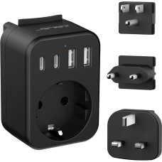 JSVER kelionių adapterio pasaulinis rinkinys, tarptautinis kelionių kištukinio lizdo adapterio adapteris su 4 USB prievadais (2 USB C ir 2 A), C/G/B tipo kelionių adapterio kištukas, skirtas JAV/Meksikoje/Europoje/UK/HK (juodas)