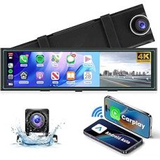 Hodozzy 4K Mirror Dash Cam Wireless Carplay & Android Car Bluetooth, Mirror Dash Cam with Rear View Camera 1080P, 10.99 Inch IPS Touchscreen with Loop Recording/Airplay/AUX/FM, 2 Split Screens
