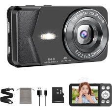 4K skaitmeninis fotoaparatas 64 MP, automatinio fokusavimo kompaktiškas fotoaparatas su 18 kartų skaitmeniniu priartinimu, 2,8 colio ekranu, asmenukių ir tinklaraščio kamera, interneto kameros funkcija, LED blykstė, 32 GB SD kortelė, nešiojamas fotoaparat
