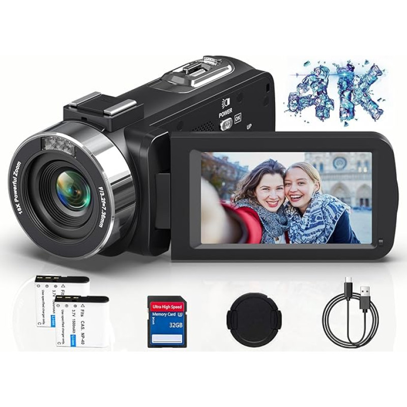 Vaizdo kamera 4K vaizdo kamera HD 80MP 30FPS su IR naktinio matymo funkcija, 18X skaitmeninio priartinimo internetinė vaizdo kamera, 3,0 colių 270° pasukamas IPS ekranas, įrengta 