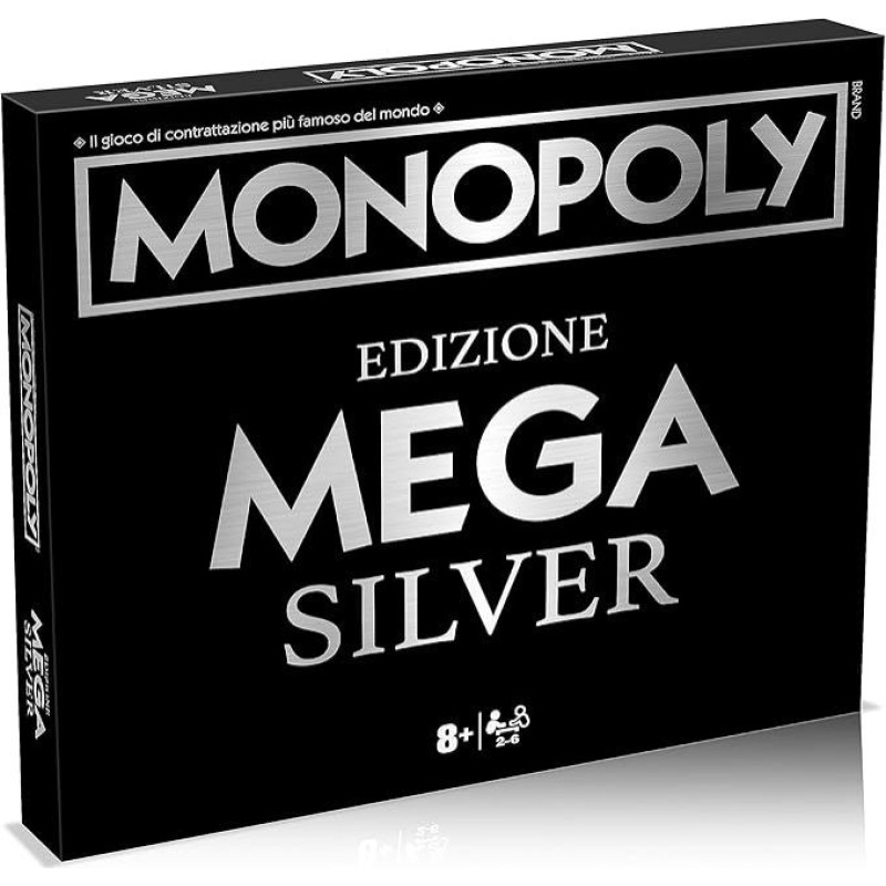 Winning Moves Monopoly Mega Silver - stalo žaidimai suaugusiems, stalo žaidimai vaikams, stalo žaidimai dviems, nuo 2 iki 6 žmonių, nuo 8 metų