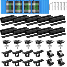 BOSYTRO Solarmodul Halterung Montageset, PV Halterung für 4X Module, 12CM Schwarze Schiene+Solarpanel Wasserablauf Clips 30MM+Verstellbare Klemme für 30-35MM Dicke Module für Flachdach Trapezblech