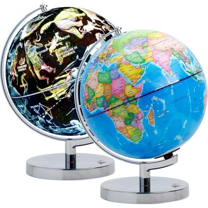 EXERZ 23 cm šviečiantis gaublys su metaliniu pagrindu - Prancūzijos žemėlapis - studentų gaublys su LED apšvietimu be laido - politinis žemėlapis (dienos metas) - žvaigždynų žvaigždės (naktį) - linksmas ir įdomus