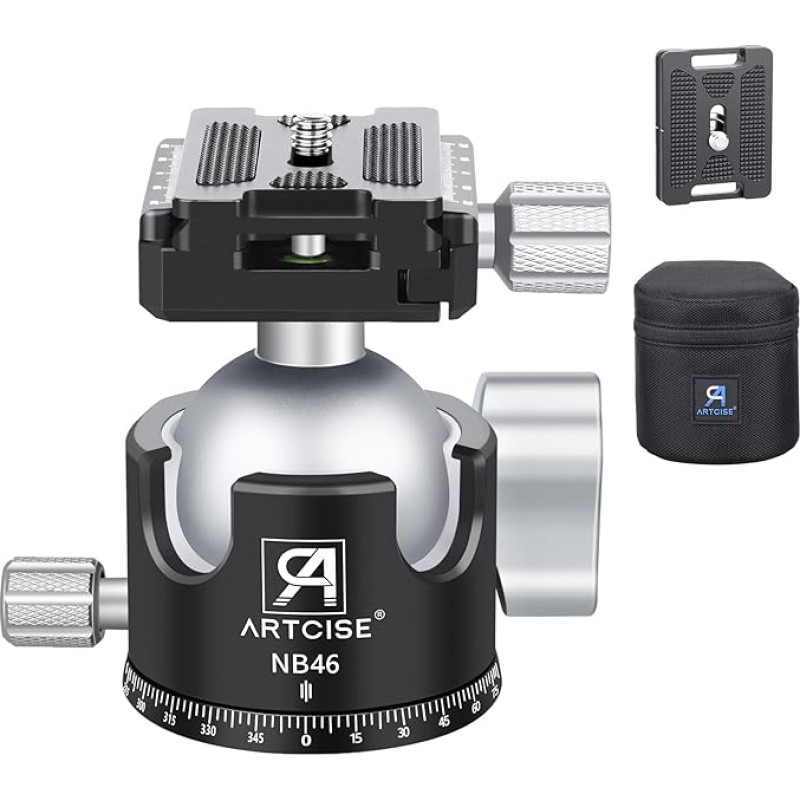 ARTCISE Sunkiasvorė rutulinė galvutė, 46 mm panoraminė žemo profilio trikojo galvutė ir 2 x 6,35 mm greito atleidimo plokštelės, skirtos trikojo slankmačiui, DSLR vaizdo kamerai, maksimali apkrova 25 kg