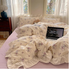 GETIYA Romantiška violetinių gėlių patalynė 135 x 200 cm Medvilninė patalynė Merginos Damos Gėlių patalynė su raukiniais Dviejų dalių antklodės užvalkalas Gėlių modelio antklodės užvalkalas su 1 pagalvės užvalkalu 80 x 80 cm