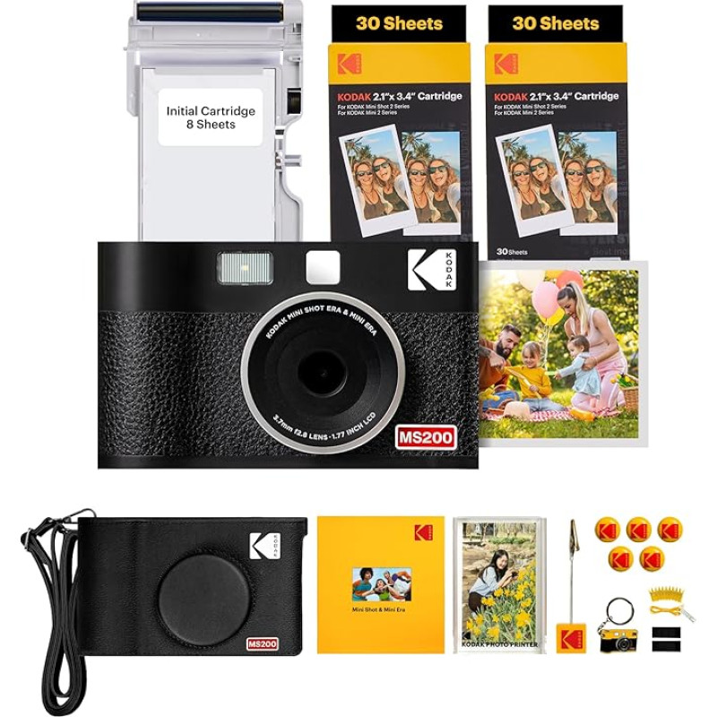 KODAK Mini Shot 2 ERA 4PASS 2-in-1 momentinis fotoaparatas ir nuotraukų spausdintuvas (5,3 x 8,6 cm) nuotraukų spausdintuvas + dovanų pakuotė + 8 lapai + 60 lapų kasetė, juoda