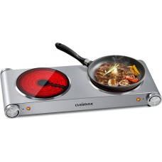 CUSIMAX Infrared Hob Set of 2 Electric Hobs Made of Glass Ceramic Portable Double Hobs 1200 W + 1200 W with Temperature Control for Outdoor/Indoor Use, for All Pot Types, Silver Stainless Steel