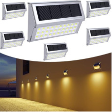 JSOT Pack of 6 30 LED Solar Lights Wall Lights Path Lights Stair Lighting Housing Stainless Steel Lamp Solar Lights IP55 Waterproof 1600 mAh for Fence Street Garden Lighting (Warm Light)