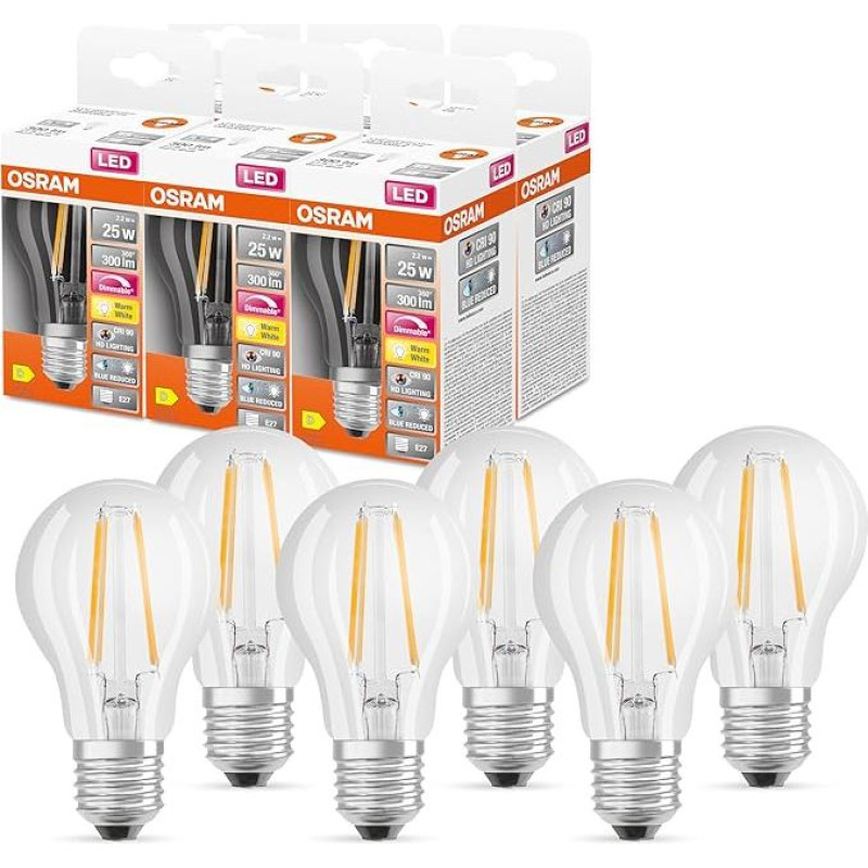 Osram Superstar+ Classic A FIL 25 LED Bulb, E27, Bulb, 2.2 W, 300 lm, 2700 K, Warm White Light, Highly Reduced Blue Content, Lower Eye Strain, Dimmable, Pack of 6